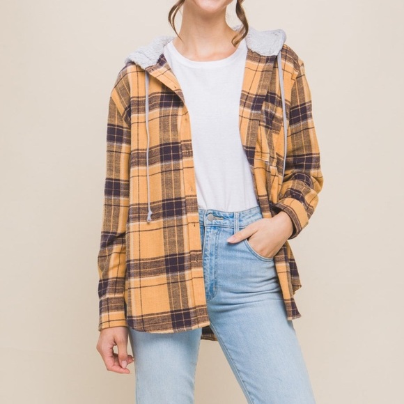 Mik Mesh Plaid Button Down Faux Sherpa Hoodie in Yellow Navy Blue Size 3XL - Picture 14 of 16